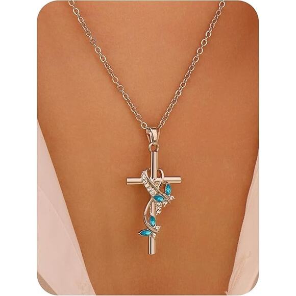 Sterling Silver Bow Cross Pendant Necklace with Blue Gemstones New Open Package - Picture 2 of 7